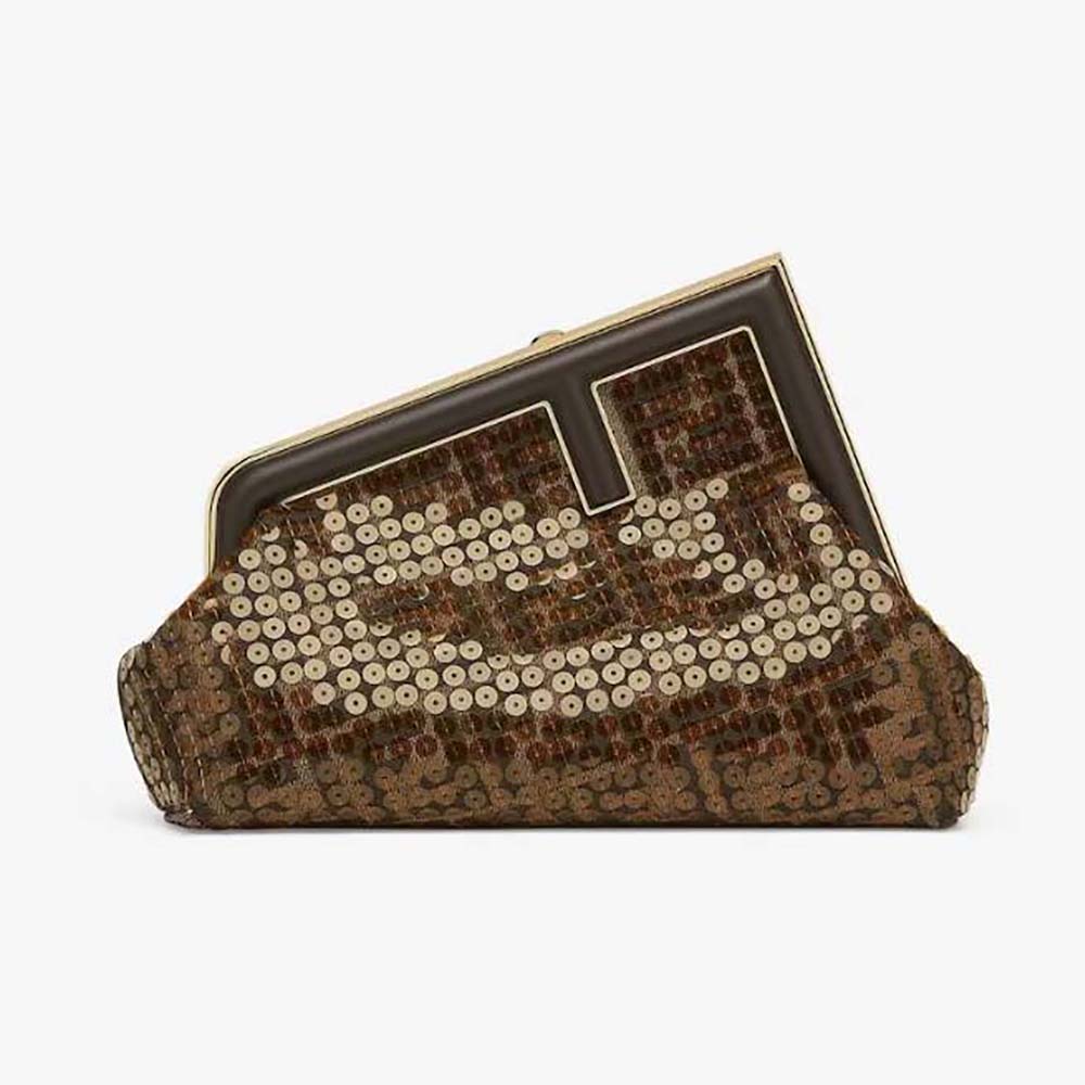 Front view of Fendi Women First Small Brown FF Jacquard Fabric Bag with Sequins