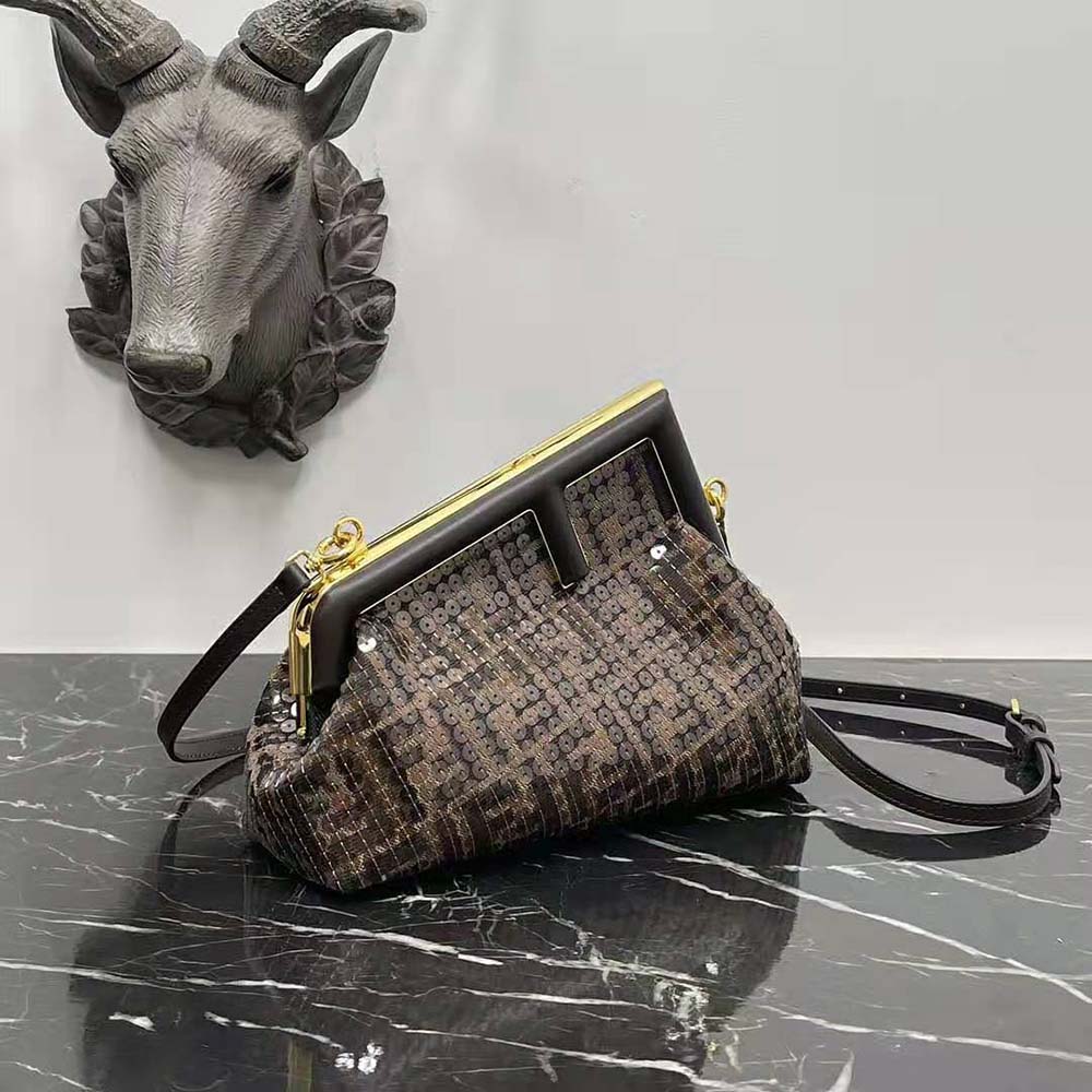 Close-up of sequined jacquard fabric on Fendi Women First Small Brown Bag