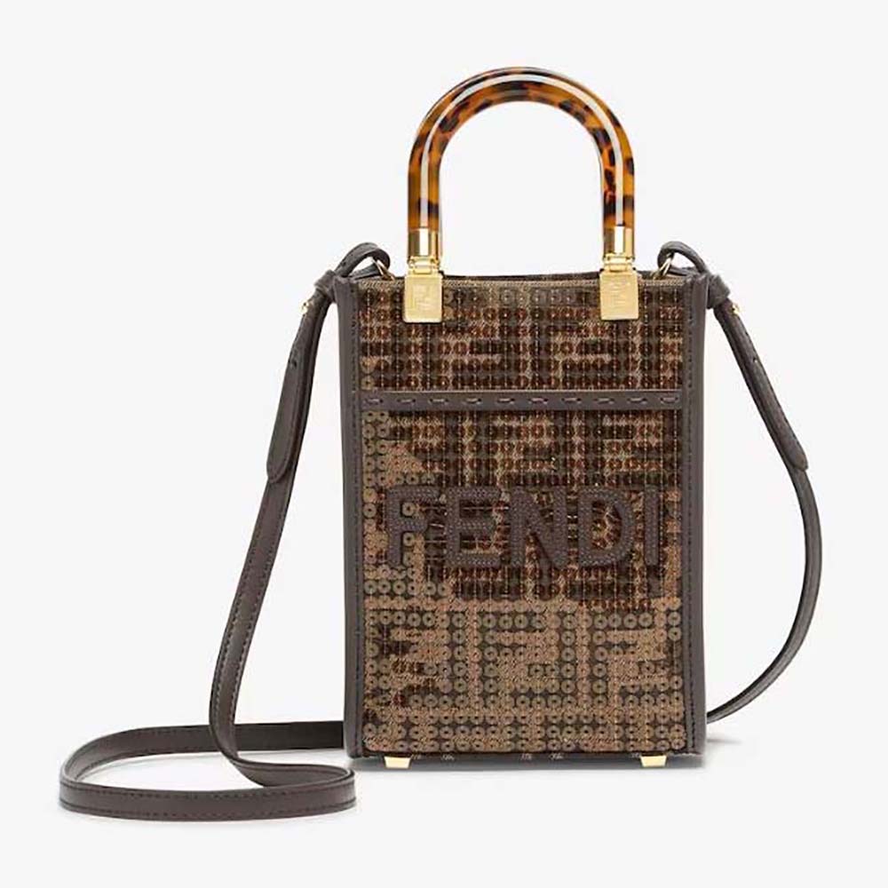 Front view of Fendi Women Mini Sunshine Shopper Brown FF Jacquard Fabric Mini Bag with Sequins