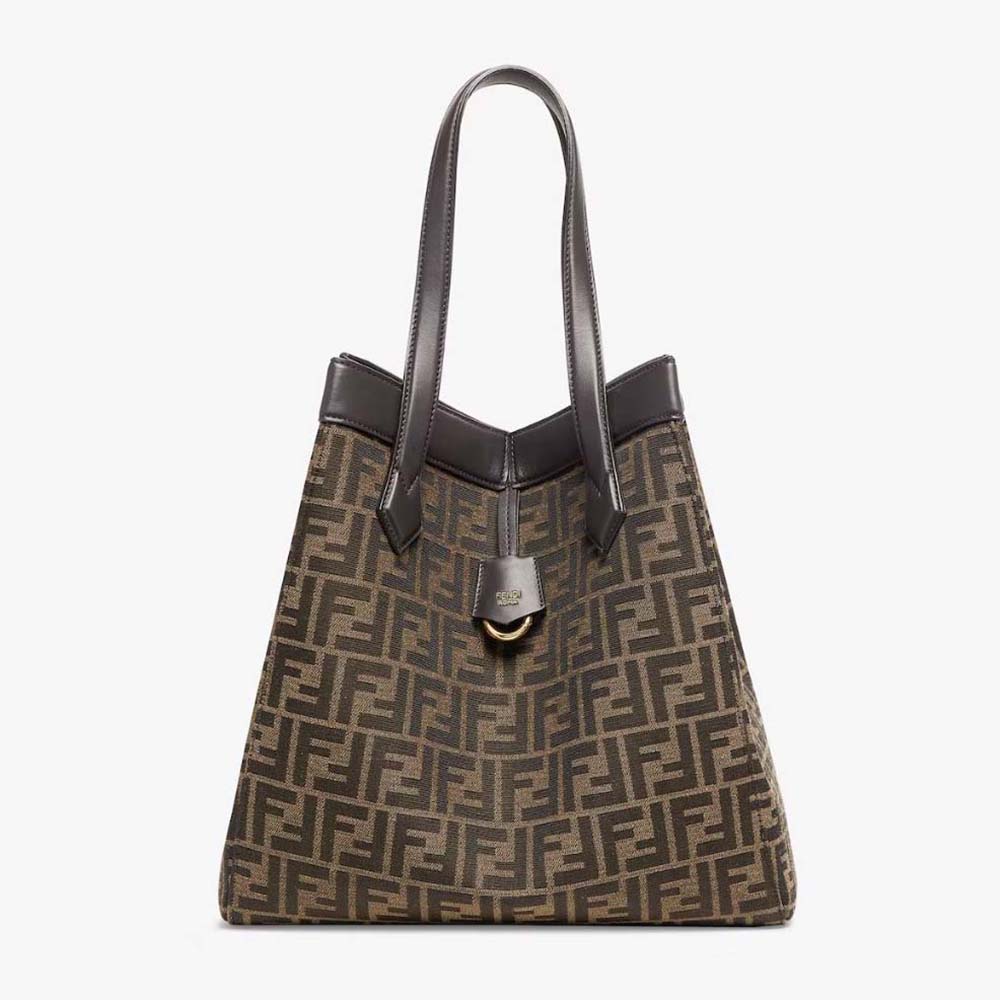 Front angle of Fendi Women Origami Large Brown FF Jacquard Fabric Bag