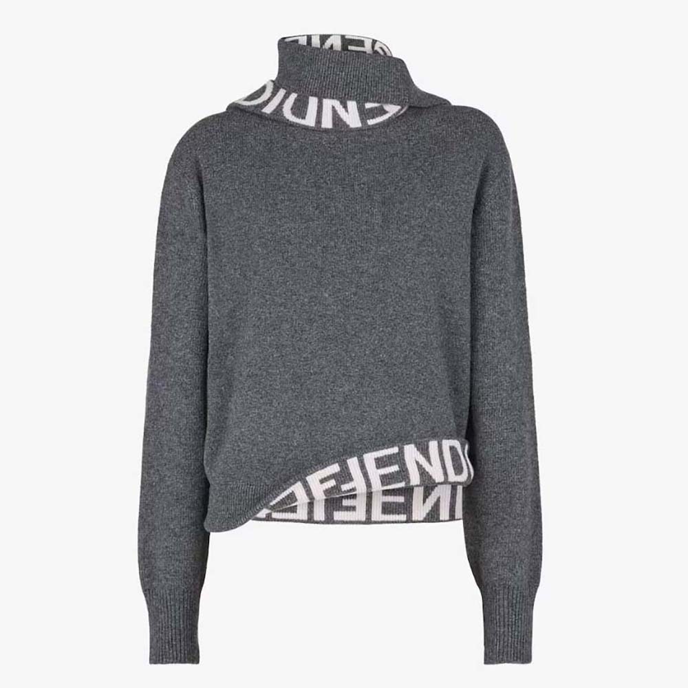 Front view of Fendi Women Sweater Gray Cashmere and Wool Pullover