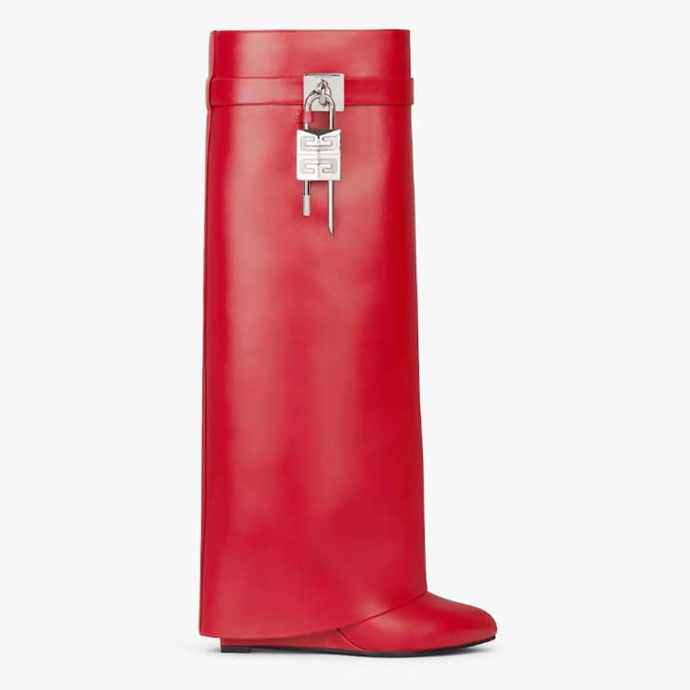 Side profile of Givenchy Women Also Available in Wide Fit Shark Lock Boots in Leather-Red