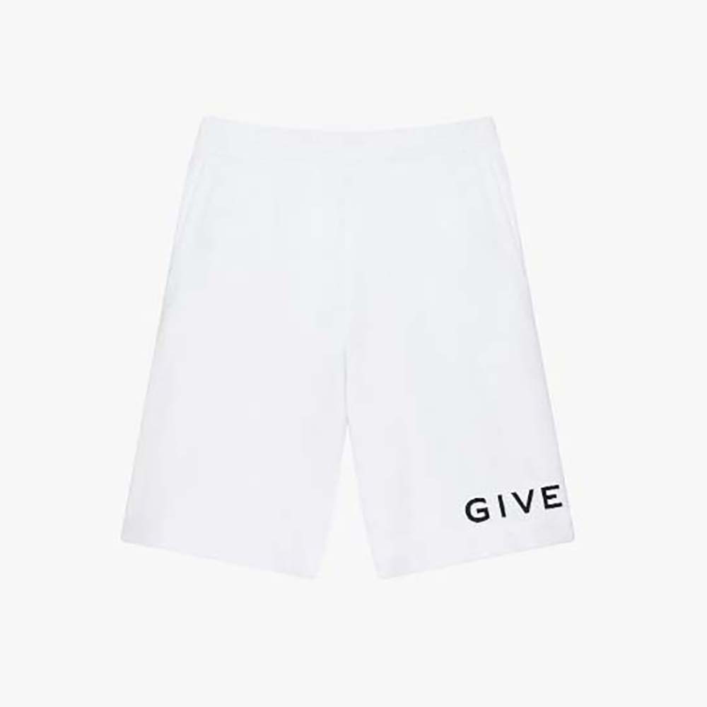 Front view of Givenchy Men Archetype Bermuda Shorts in Fleece-White