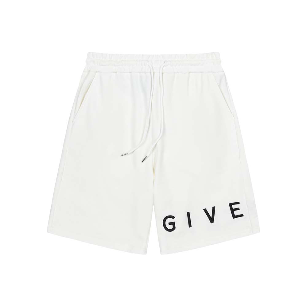 Close-up of silver Givenchy logo hardware on fleece-white Bermuda shorts
