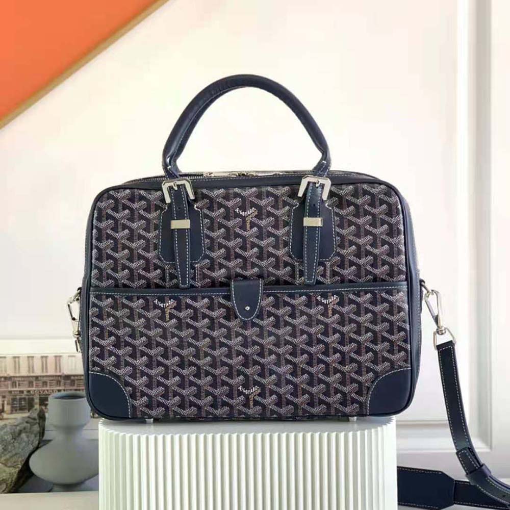 Close-up of navy Goyardine coated canvas pattern on Ambassade MM Document Case