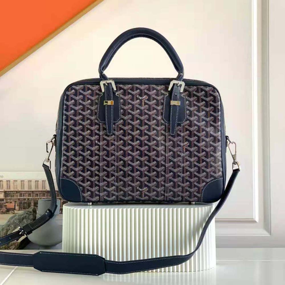 Side angle showing slim profile of Goyard Women Ambassade MM Document Case-Navy