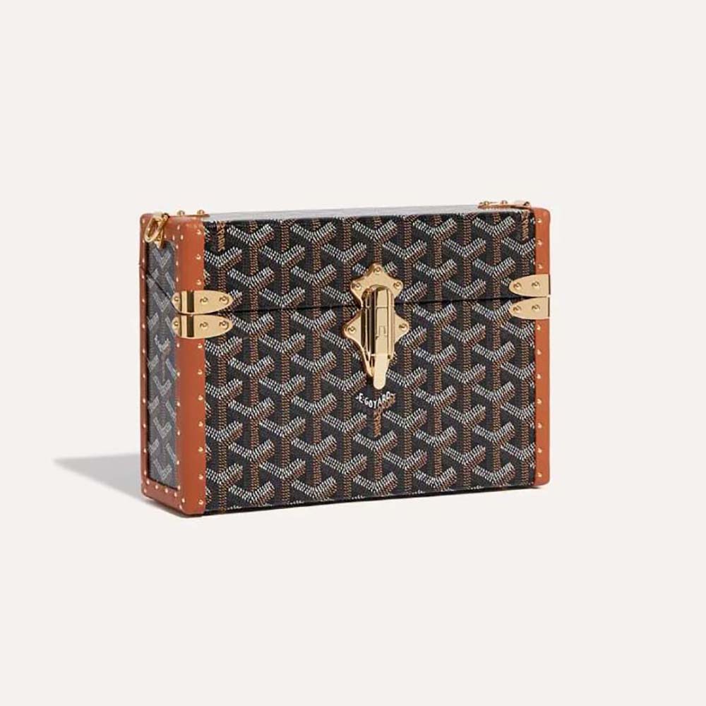 Front view of Goyard Women Cassette Trunk Bag in brown canvas and leather