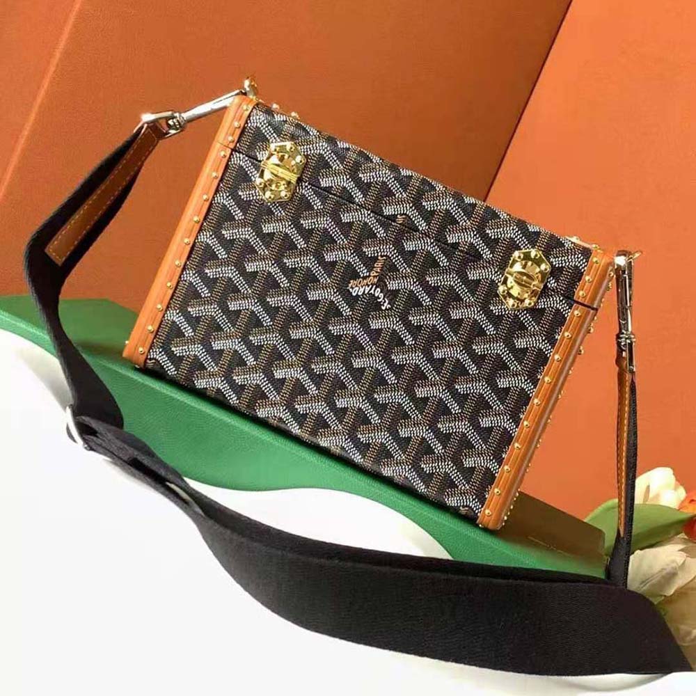Side angle showcasing gold-tone hardware on Goyard Women Cassette Trunk Bag