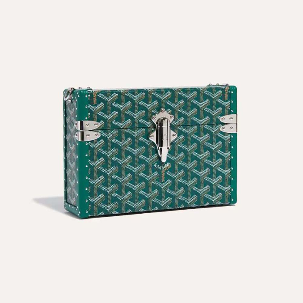 Front view of Goyard Women Cassette Trunk Bag in green Goyardine canvas