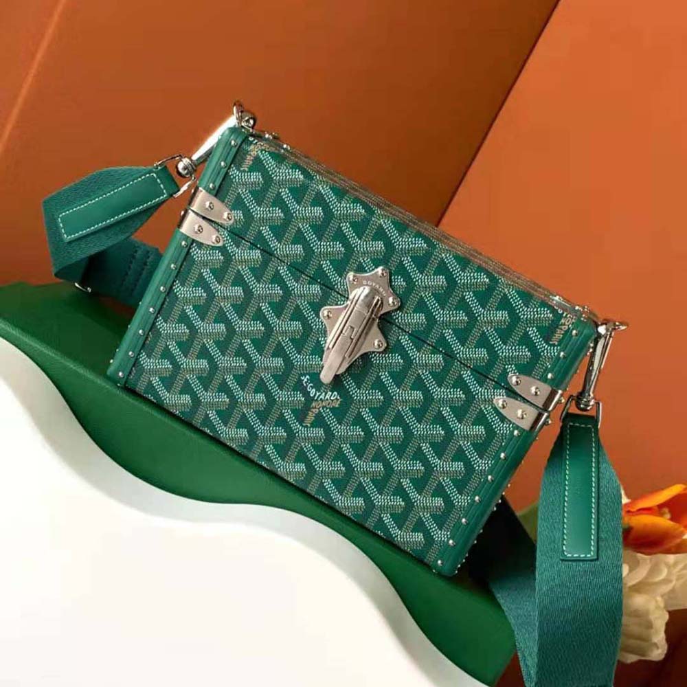 Close-up of brass hardware and embossed logo on Goyard Cassette Trunk Bag