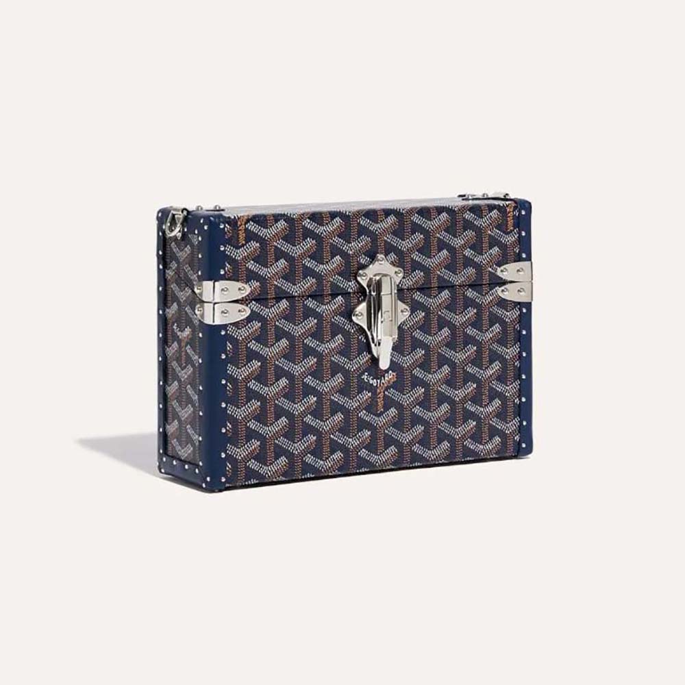 Front view of Goyard Women Cassette Trunk Bag in navy canvas