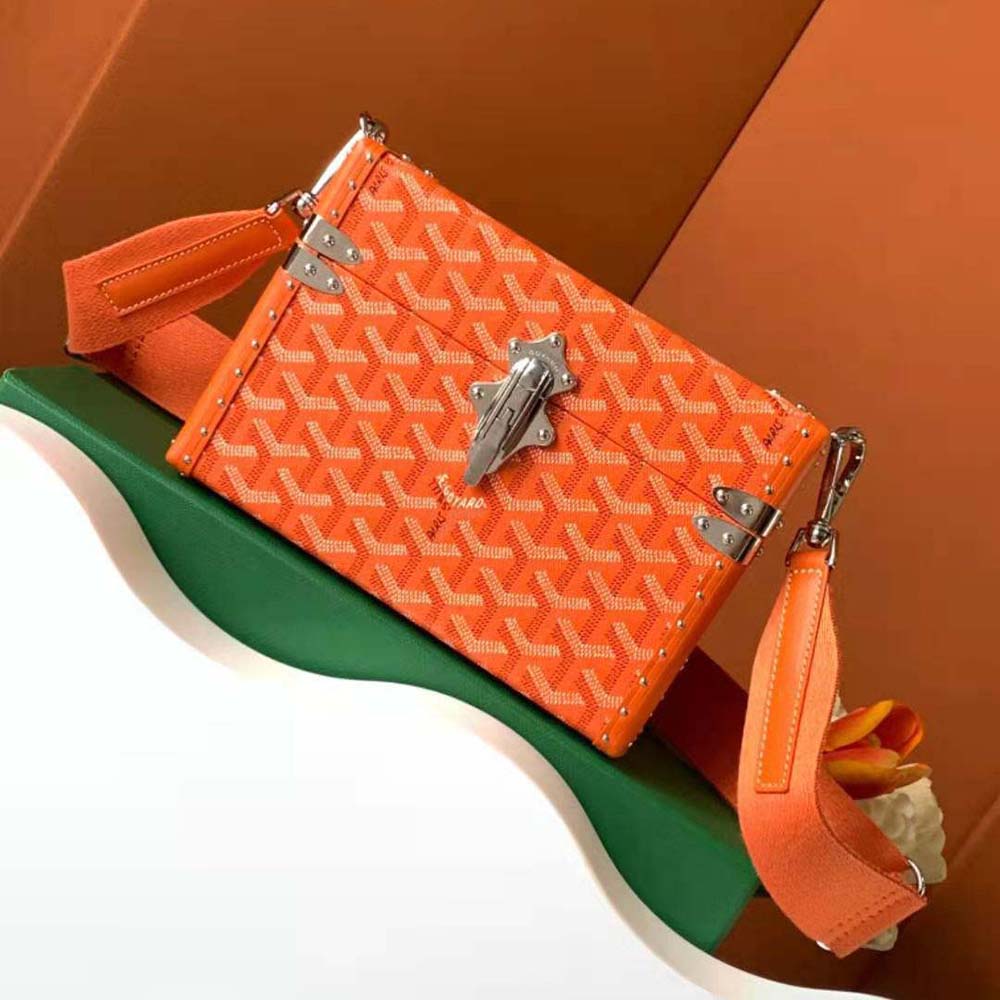 Close-up of Chevron pattern and gold clasp on Goyard Cassette Trunk Bag