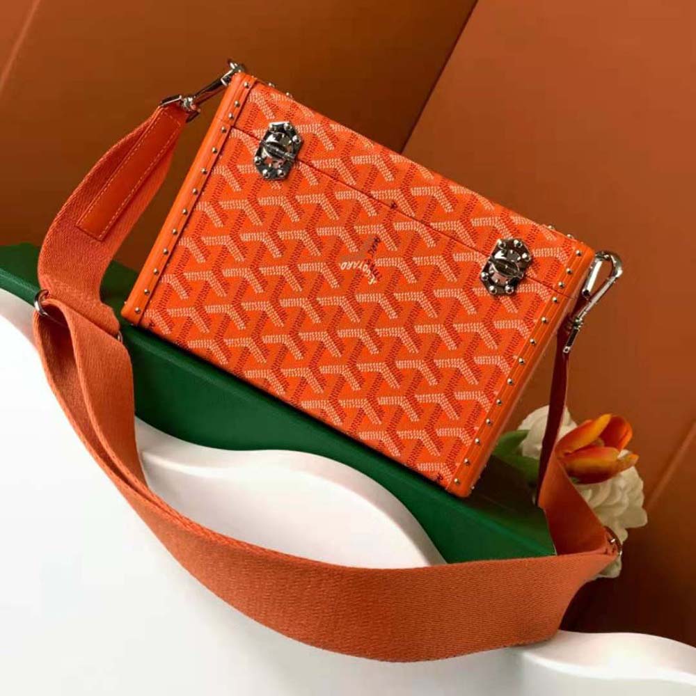Side angle showing Clamecy cowhide details on Goyard Cassette Trunk Bag