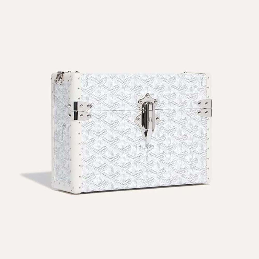 Front profile of Goyard Women Cassette Trunk Bag in white cowhide