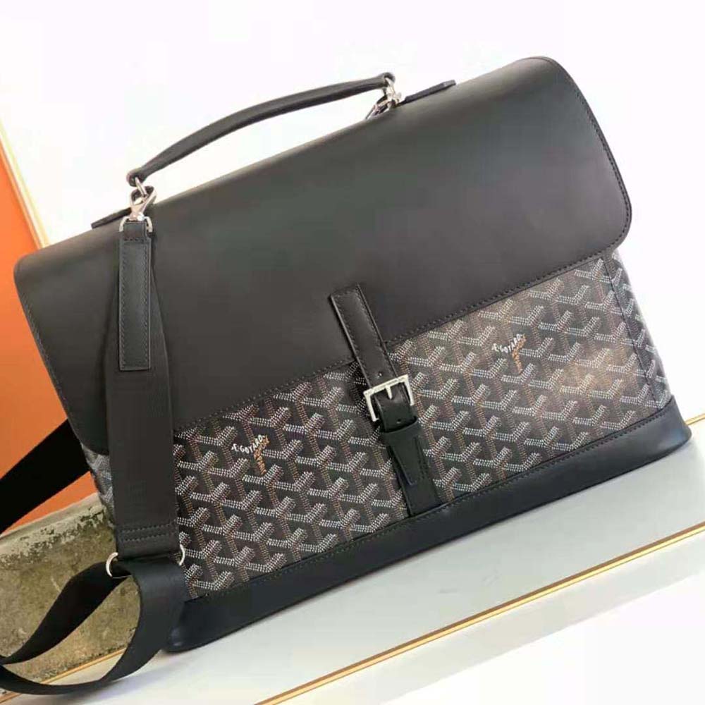 Close-up of black leather trim and silver hardware on Goyard Women Citadin PM Messenger Bag-Black