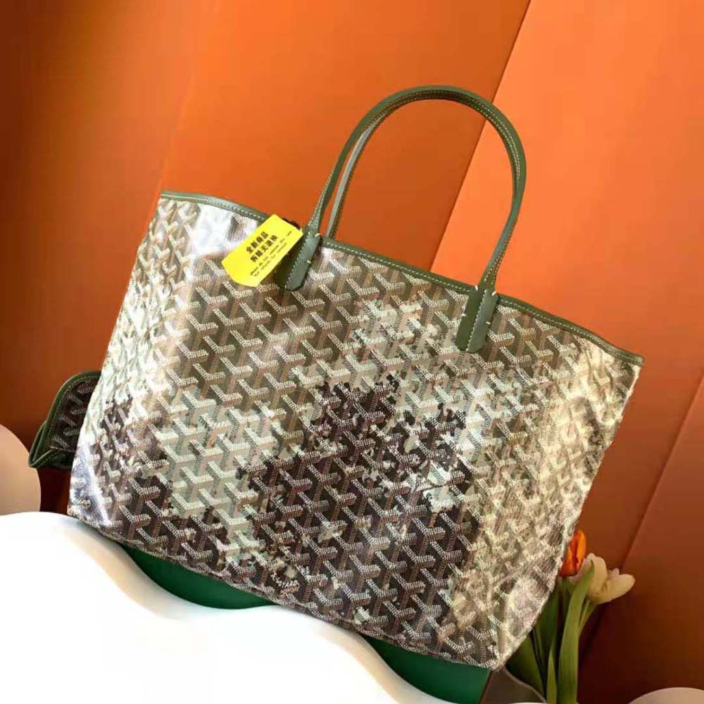 Side angle showing open top and signature print of Goyard Saint Louis PM Bag Canopée