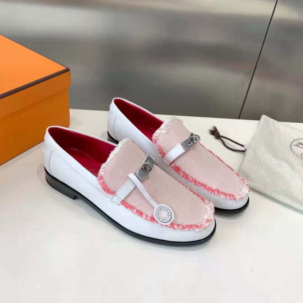 Top view showing pink leather and stitching detail on Hermes Women Destin Loafer