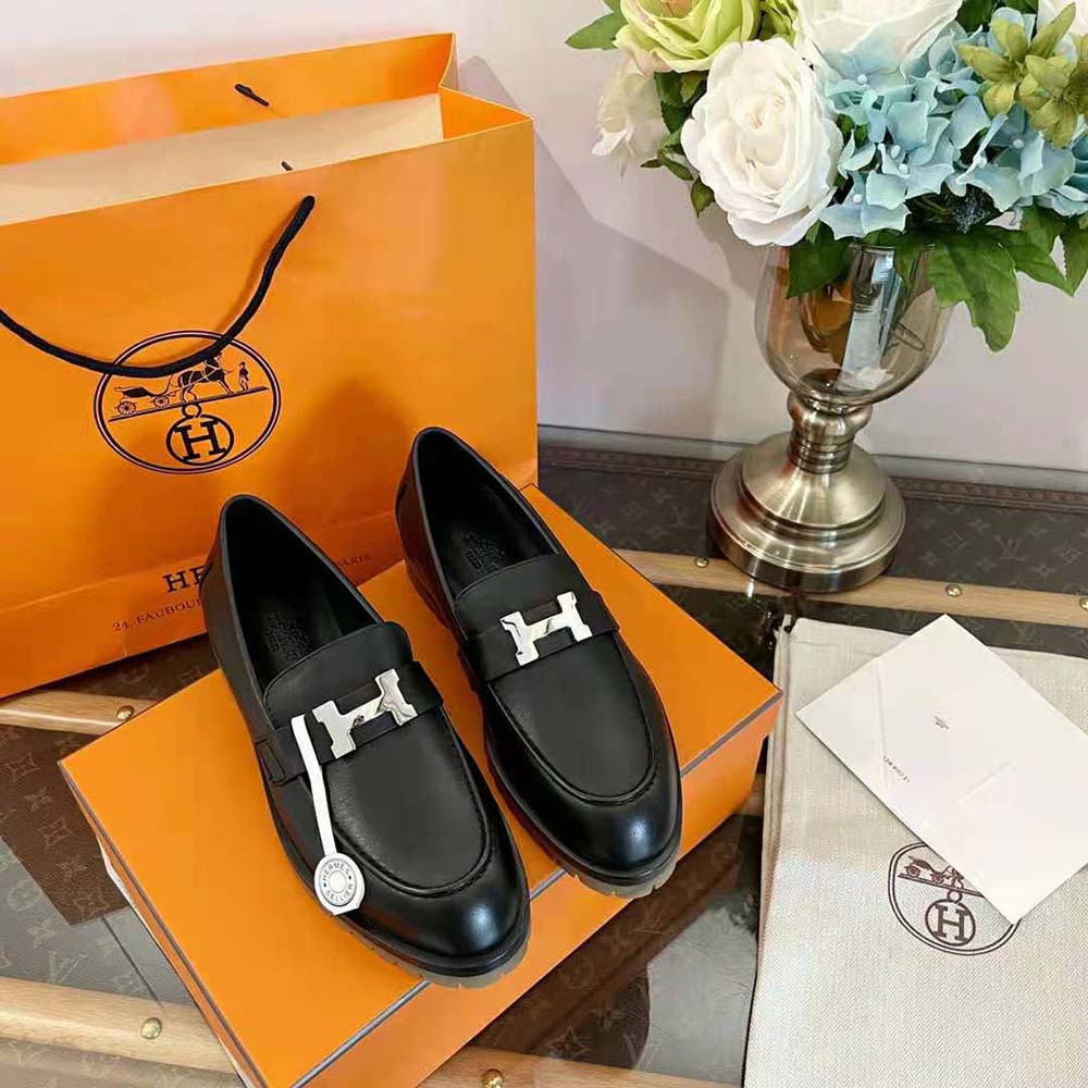 Top view showing loafer silhouette of Hermes Women Faubourg in blue calfskin