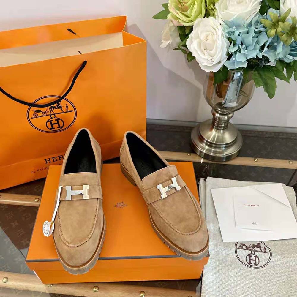 Hermes Women Faubourg Loafer in suede goatskin-Beige - image 4