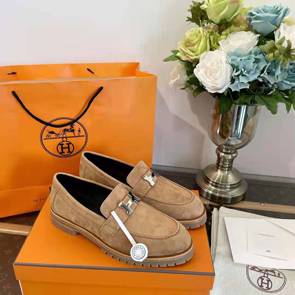Top view showing texture of suede goatskin on Hermes Women Faubourg Loafer