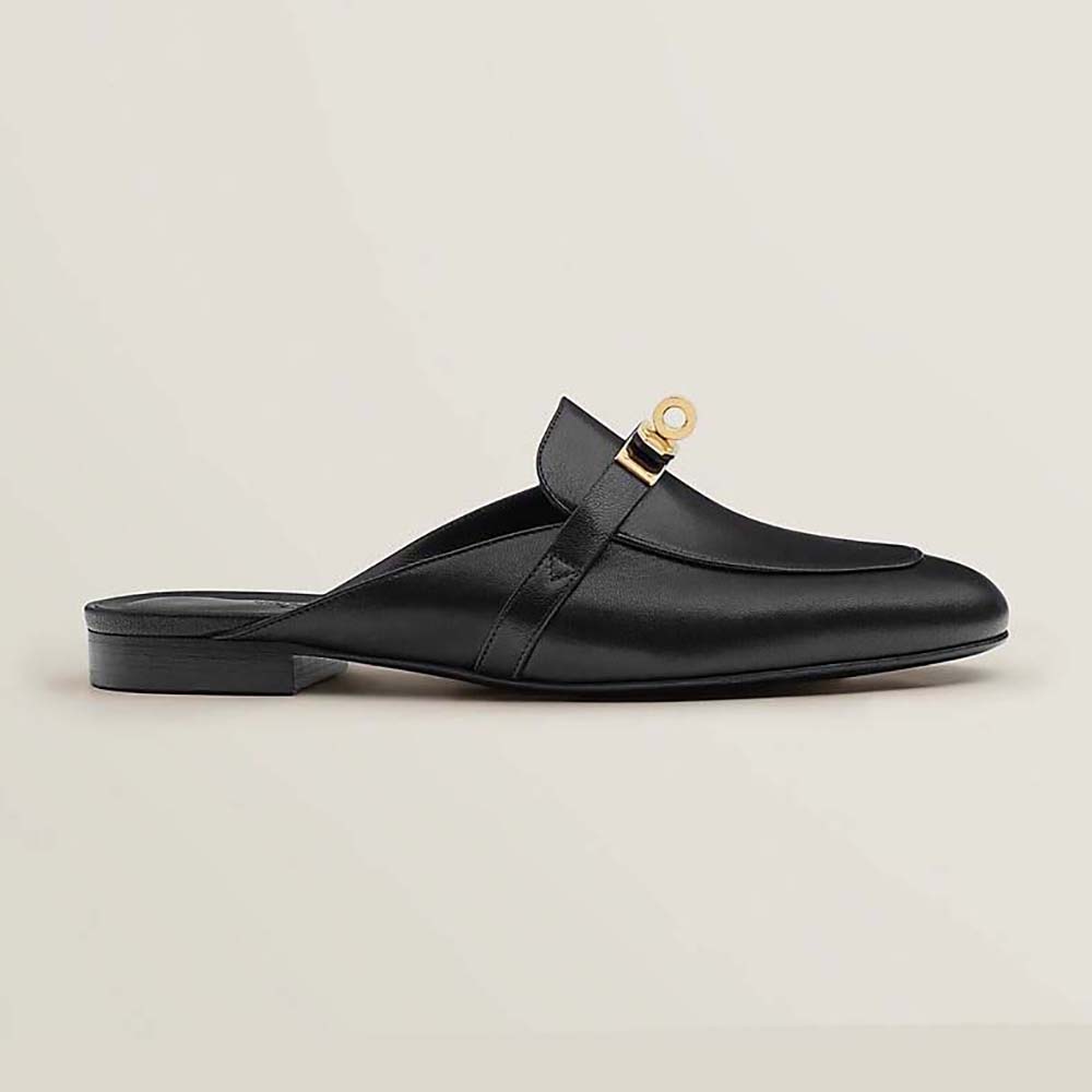 Side profile of Hermes Women OZ Mule in black calfskin leather