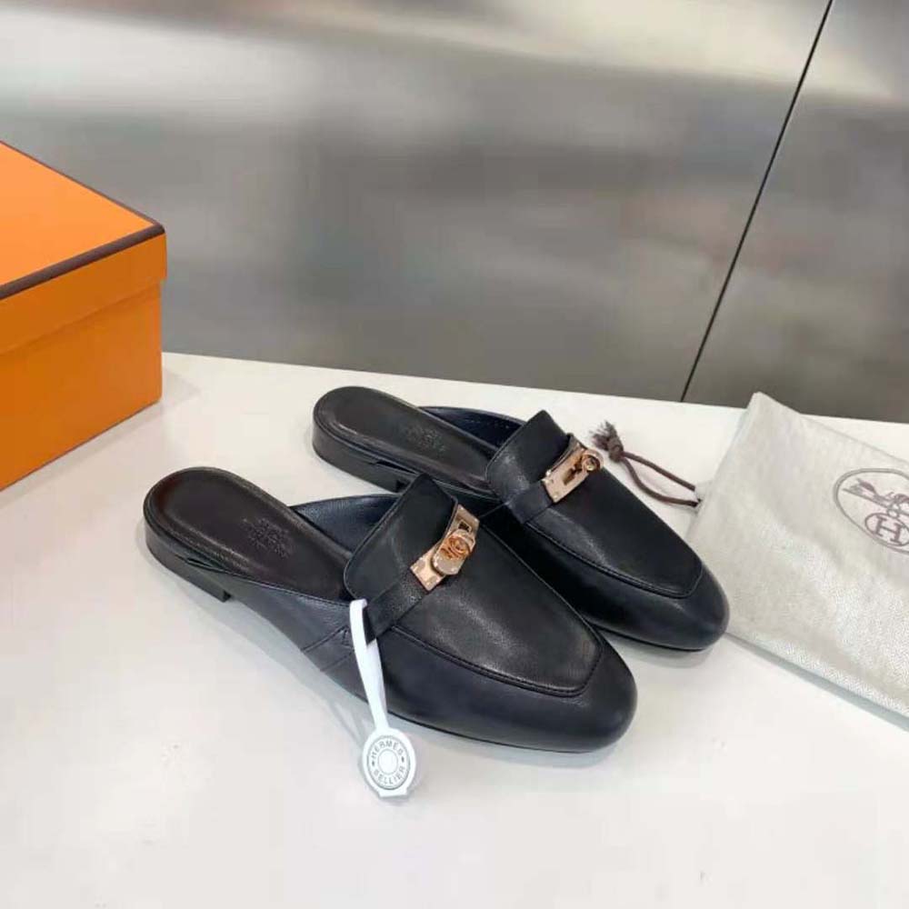 Rear angle showing slip-on open back of Hermes Women OZ Mule