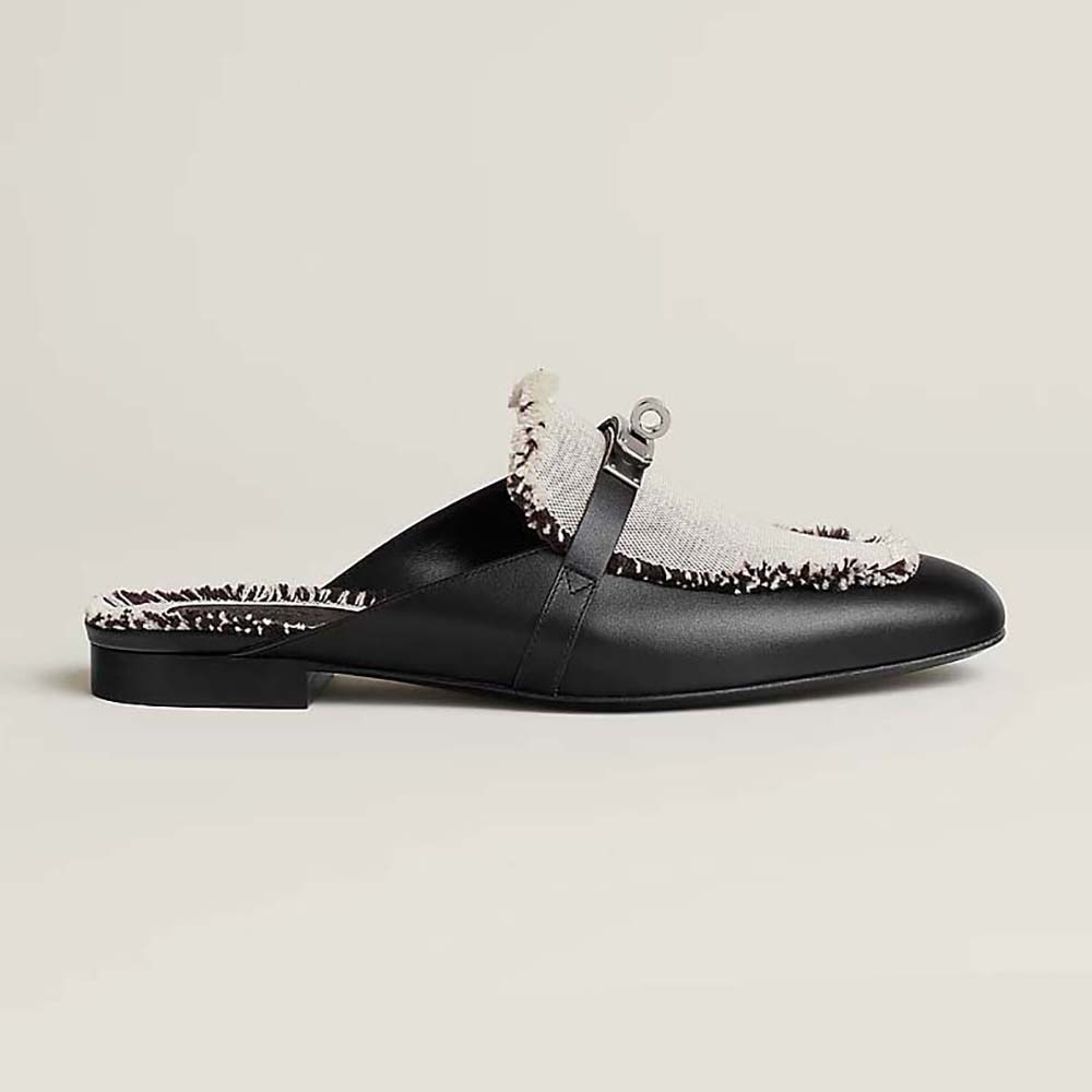 Side view of Hermes Women OZ Mule in Calfskin Leather-Black