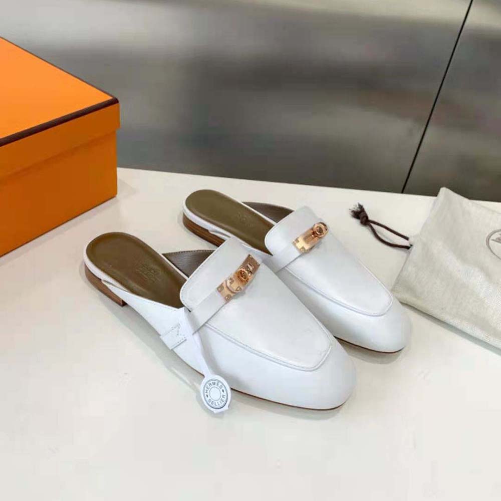 Top-down angle showing slip-on silhouette of Hermes Women OZ Mule white