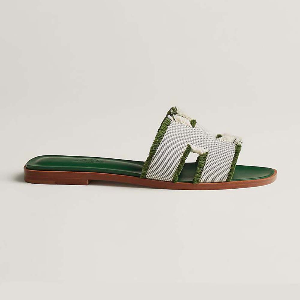 Side view of Hermes Women Oran Sandal in Fringed H Canvas-Green