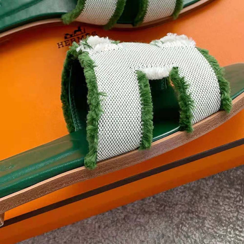 Hermes Women Oran Sandal in Fringed H Canvas-Green - image 6