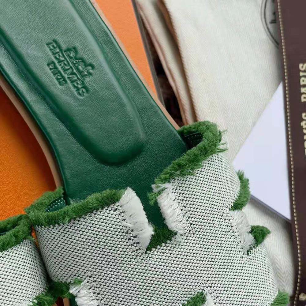 Hermes Women Oran Sandal in Fringed H Canvas-Green - image 7