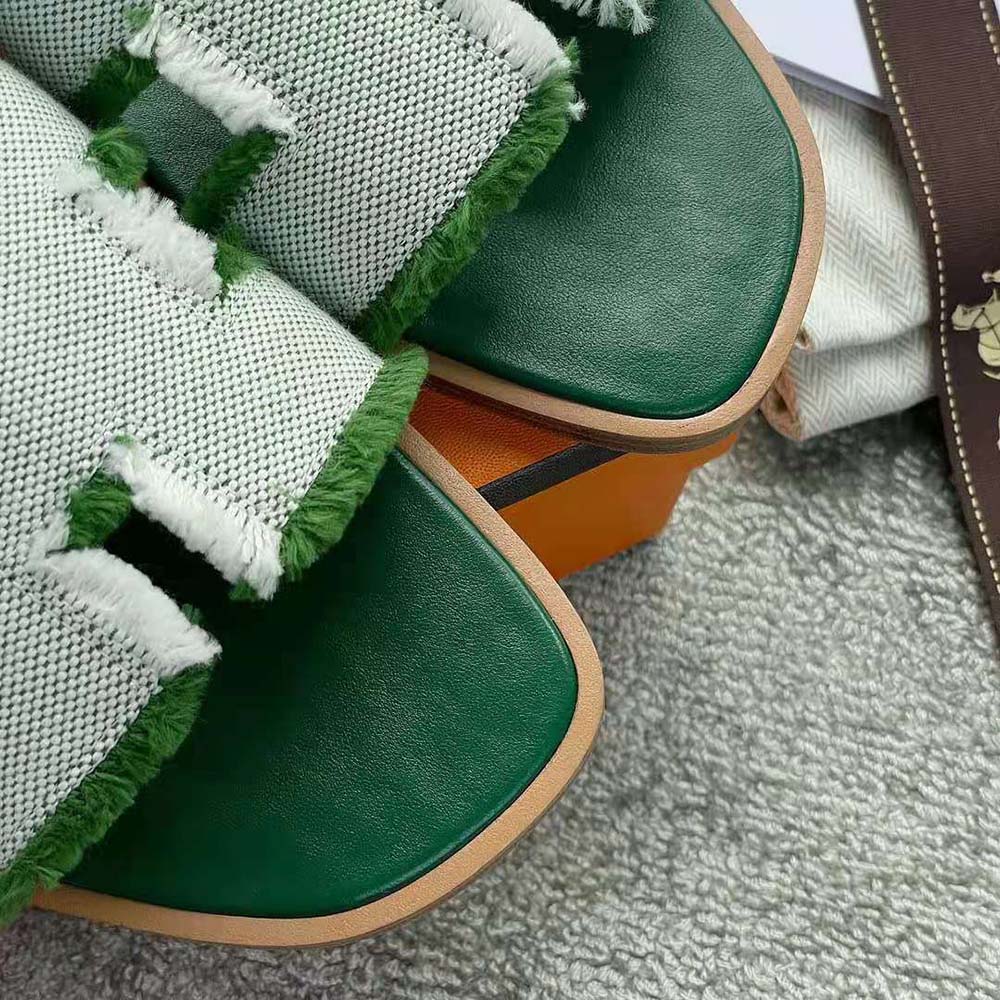 Hermes Women Oran Sandal in Fringed H Canvas-Green - image 5