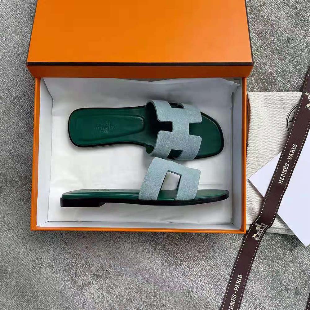 Hermes Women Oran Sandal in Suede Goatskin-Blue - image 4