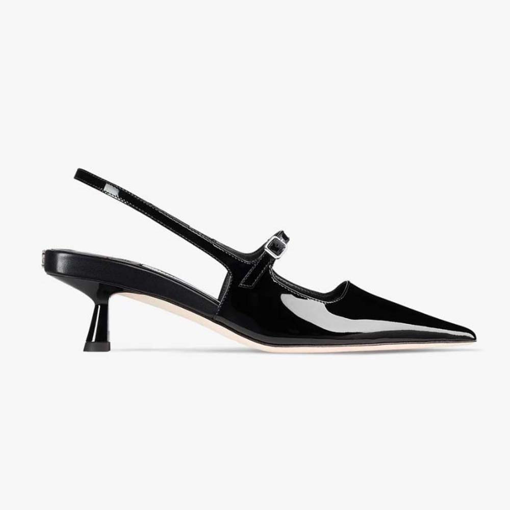 Side view of Jimmy Choo Women Didi 45 Black Patent Leather Pointed Pumps