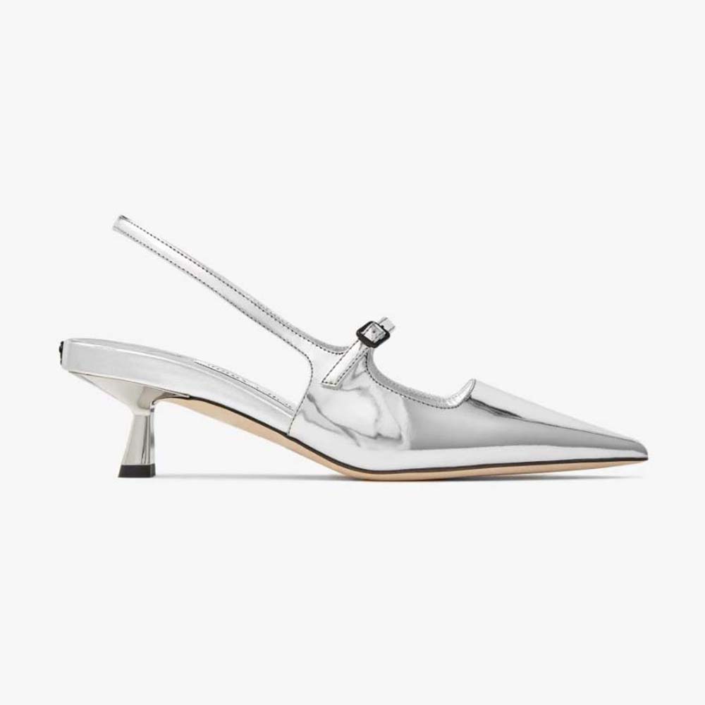 Side view of Jimmy Choo Women Didi 45 Silver Liquid Metal Leather Pointed Pumps
