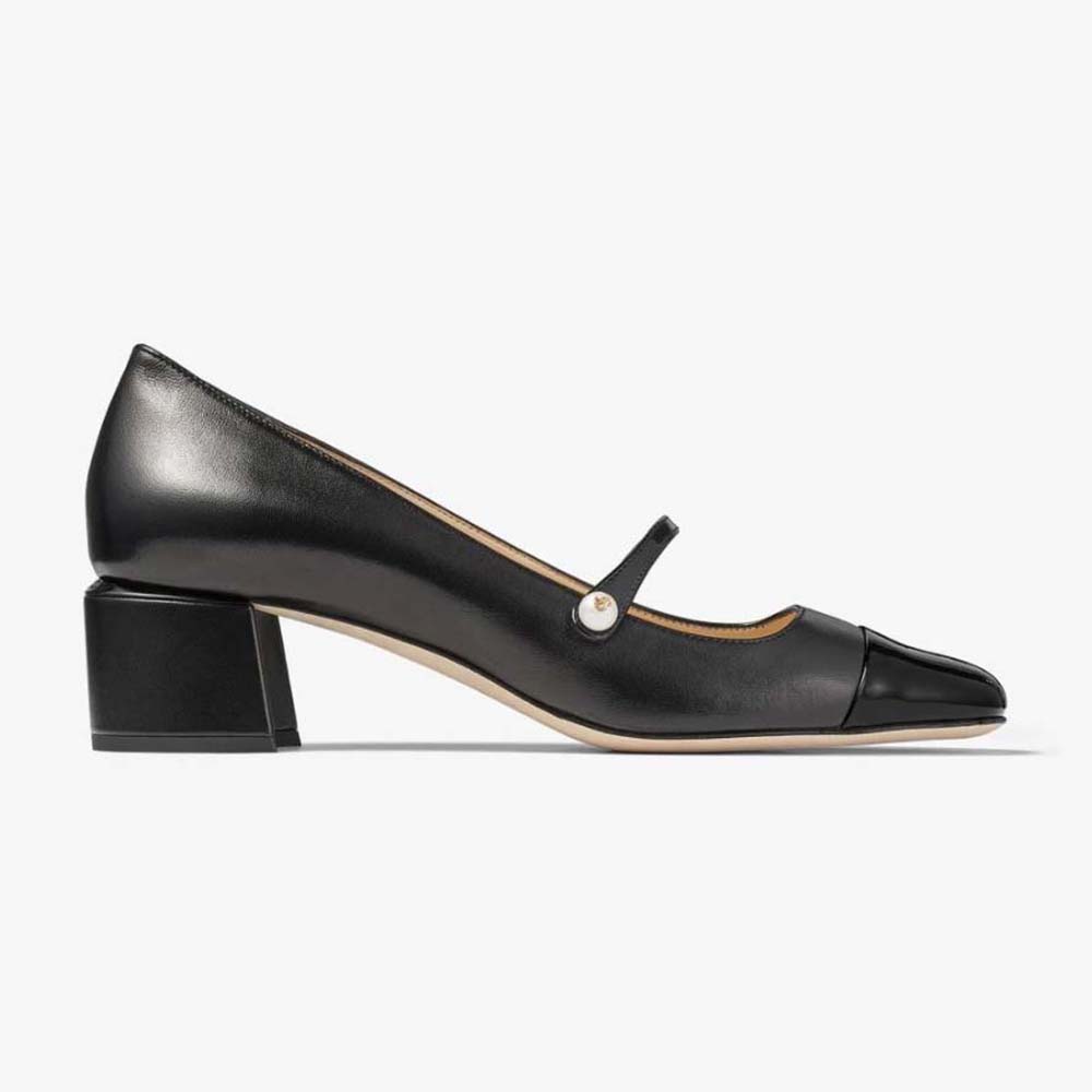 Side view of Jimmy Choo Women Elisa 45 Black Nappa and Patent Leather Pumps