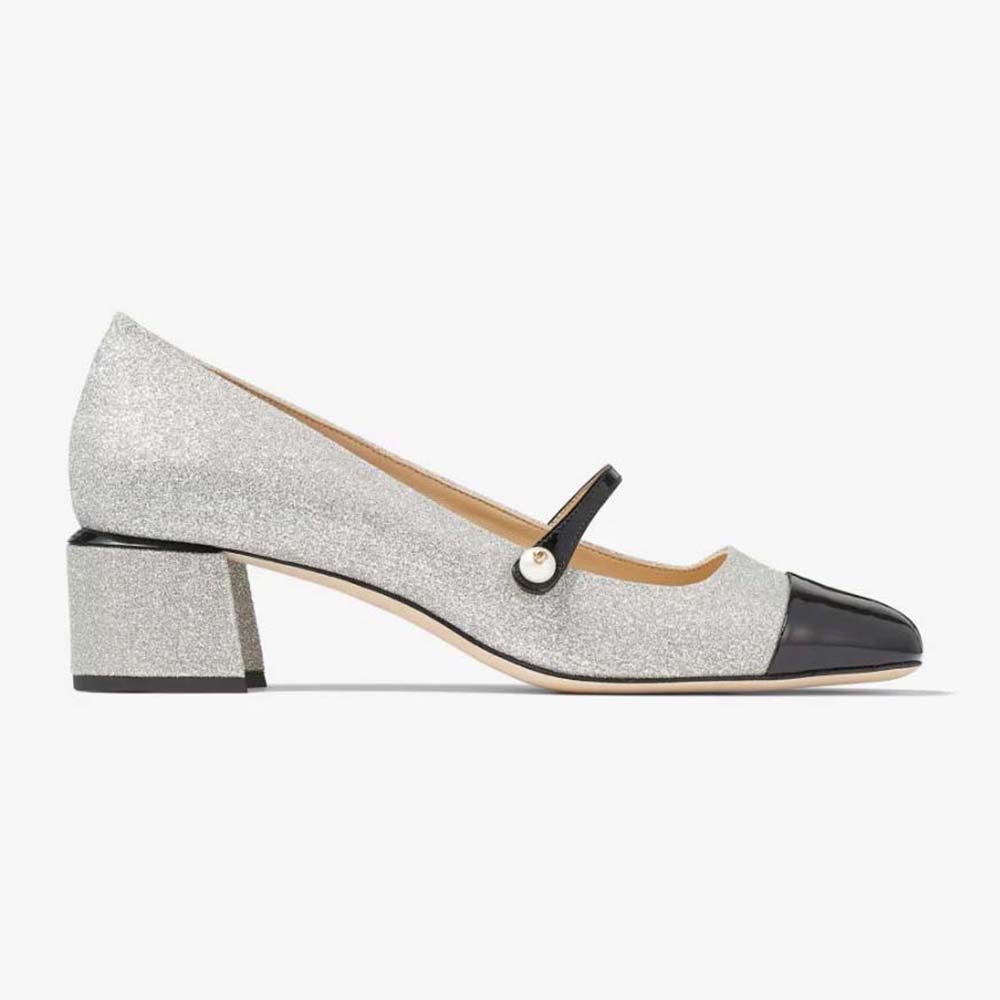 Side profile of Jimmy Choo Women Elisa 45 Silver Glitter and Patent Pumps