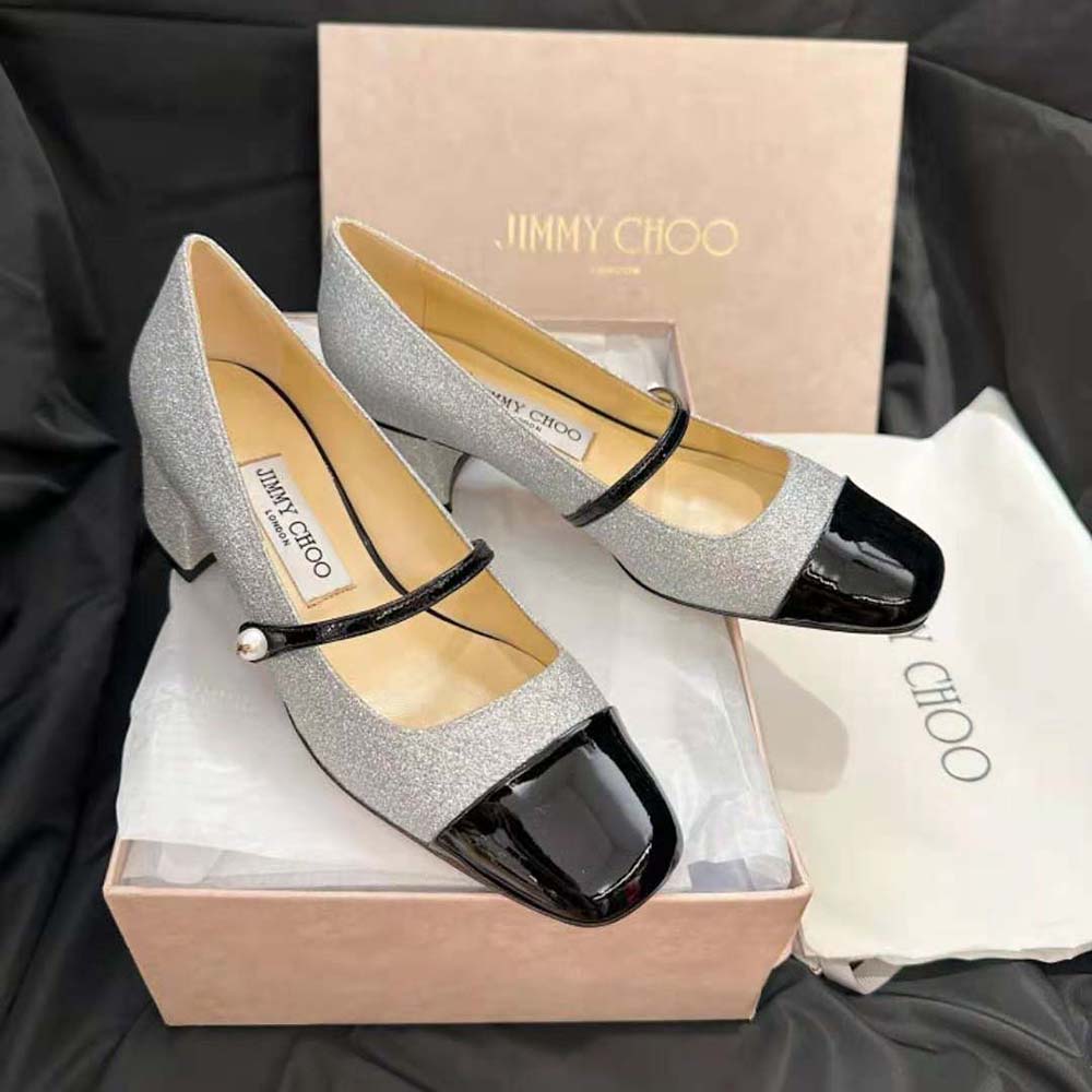 View of the 45mm heel with signature Jimmy Choo plaque