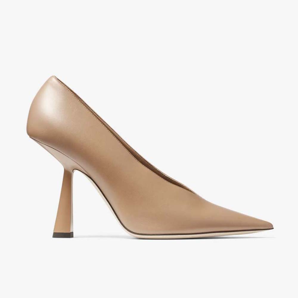 Side view of Jimmy Choo Women Maryanne 100 Biscuit Calf Leather Pumps