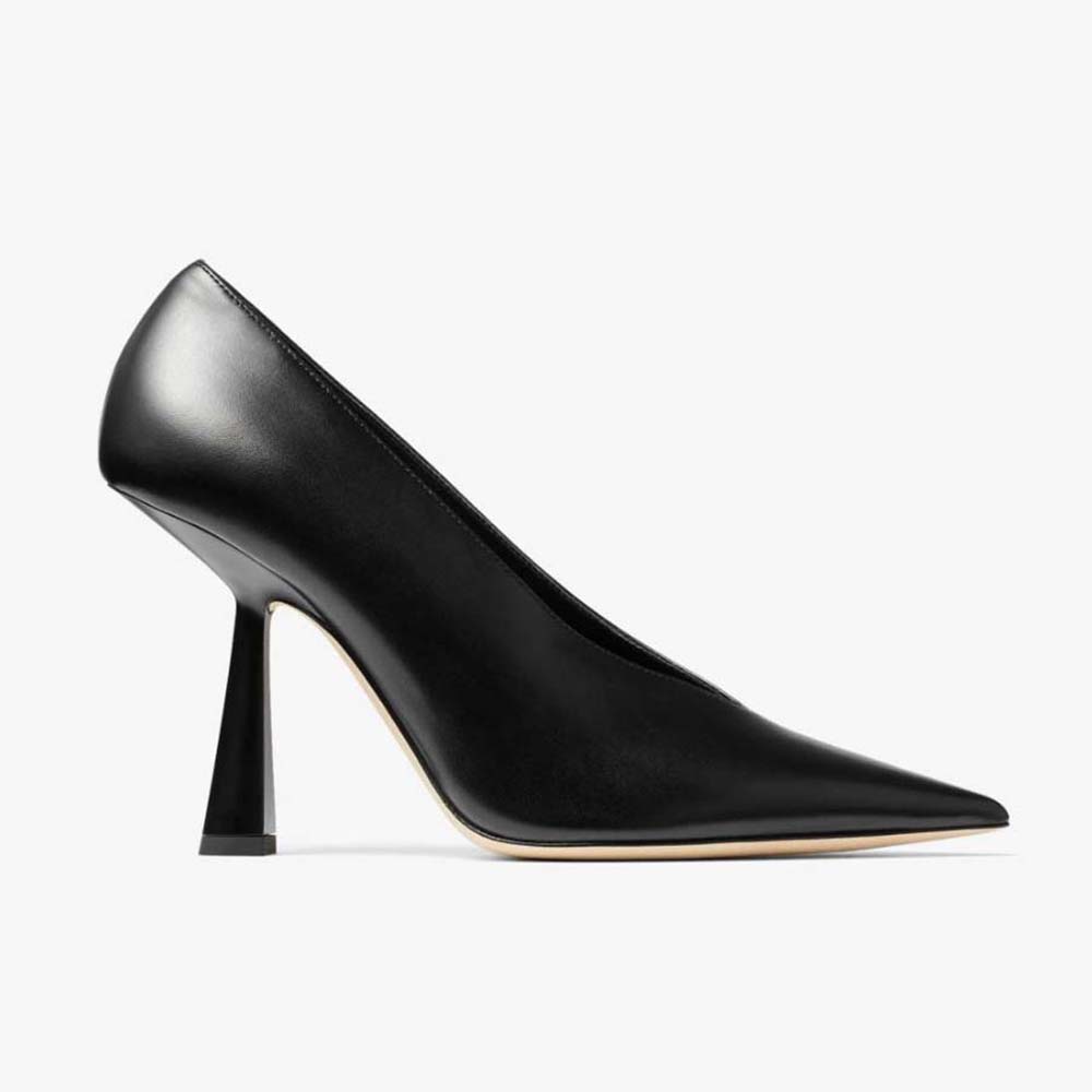 Side view of Jimmy Choo Women Maryanne 100 Black Calf Leather Pointed-Toe Pumps