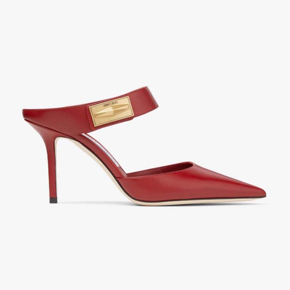 Side profile of Jimmy Choo Women Nell Mule 85 Cranberry Calf Leather Mules