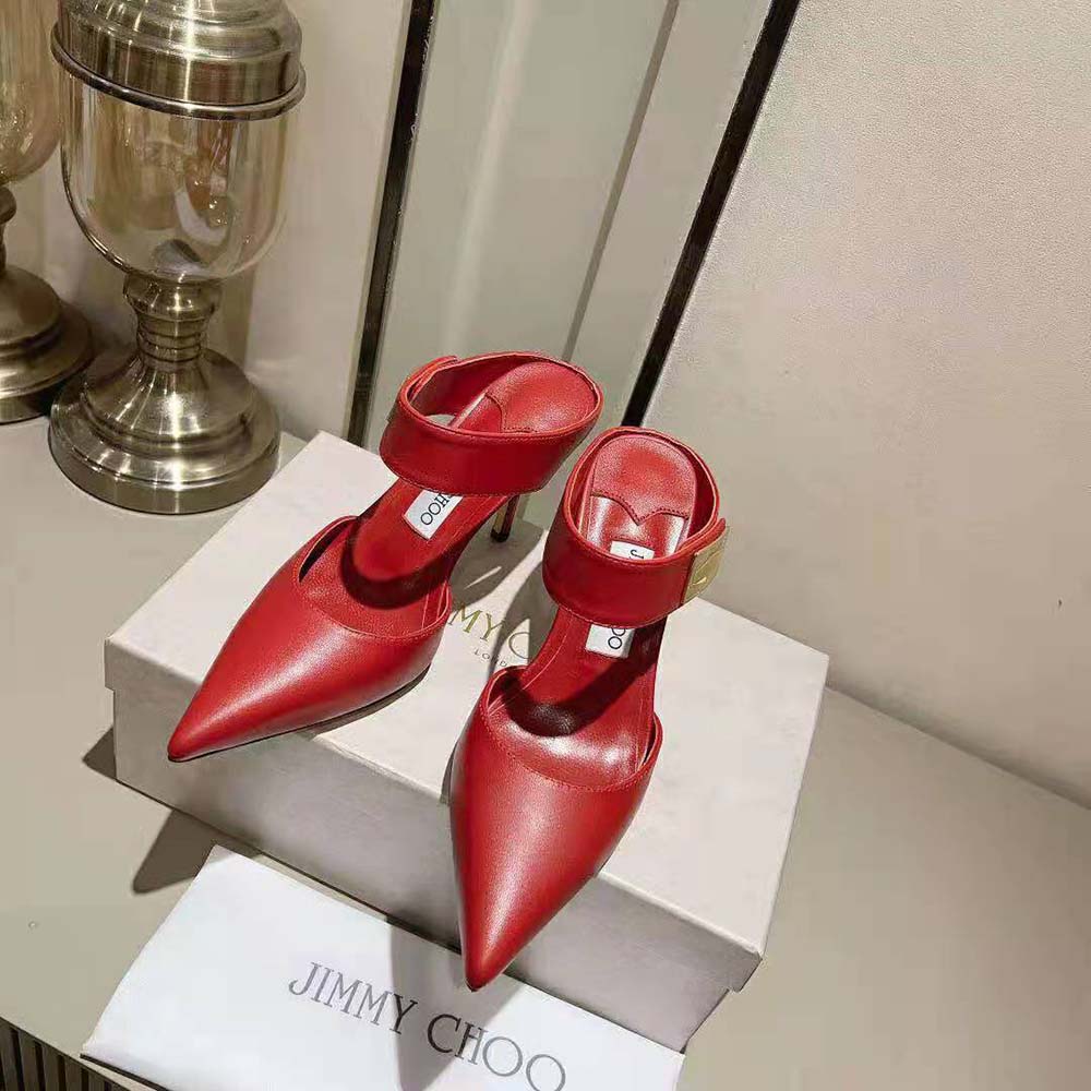 Close-up of heel and gold hardware on Jimmy Choo Nell Mule 85