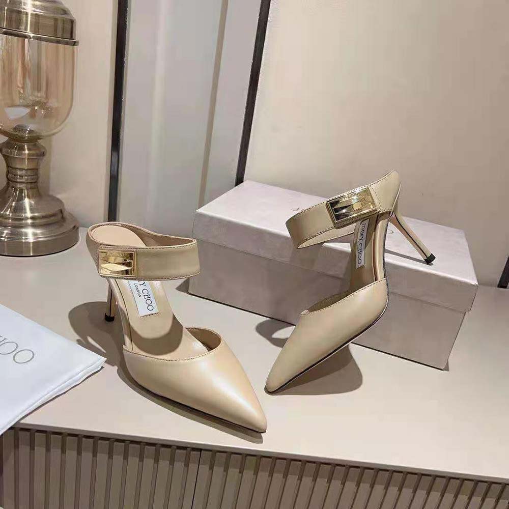 Jimmy Choo Women Nell Mule 85 Taupe Calf Leather Mules - image 4