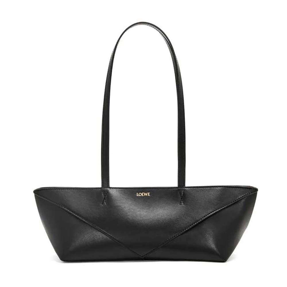 Front view of Loewe Women Cropped Puzzle Fold Bag in Shiny Calfskin-Black