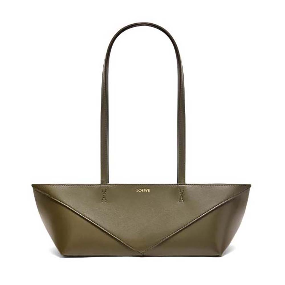 Front view of Loewe Women Cropped Puzzle Fold Bag in shiny green calfskin