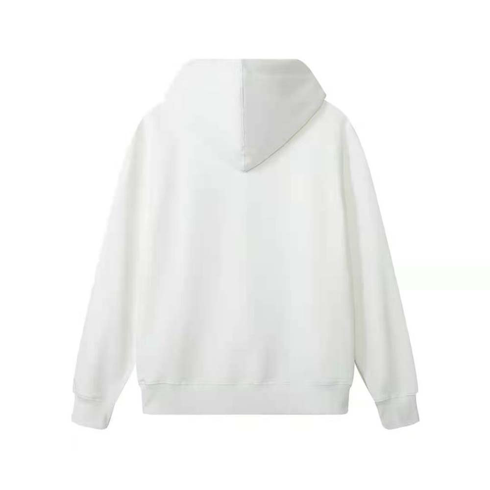 Close-up of Loewe embroidered logo on white cotton hoodie