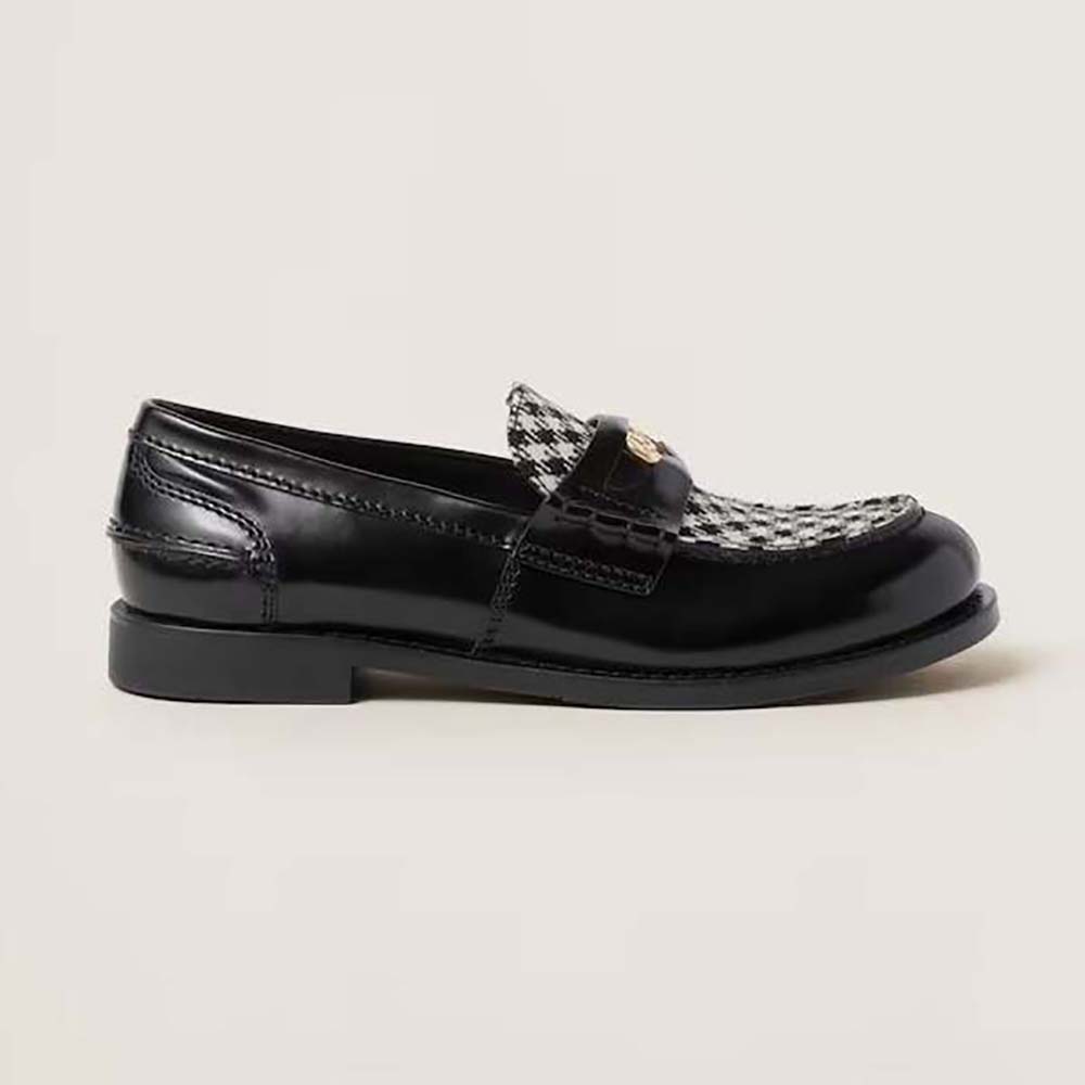 Side angle view of Miu Miu Women Brushed Leather and Gingham Check Fabric Loafers