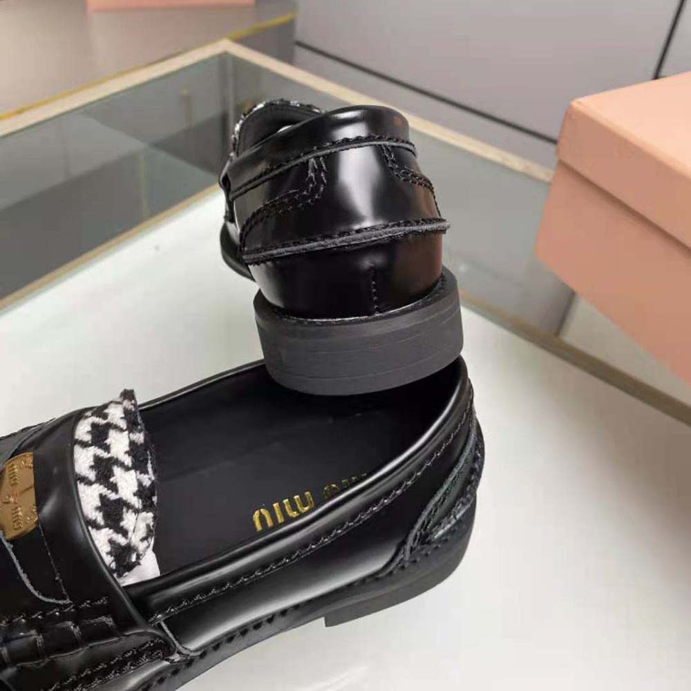 Miu Miu Women Brushed Leather and Gingham Check Fabric Loafers - image 9