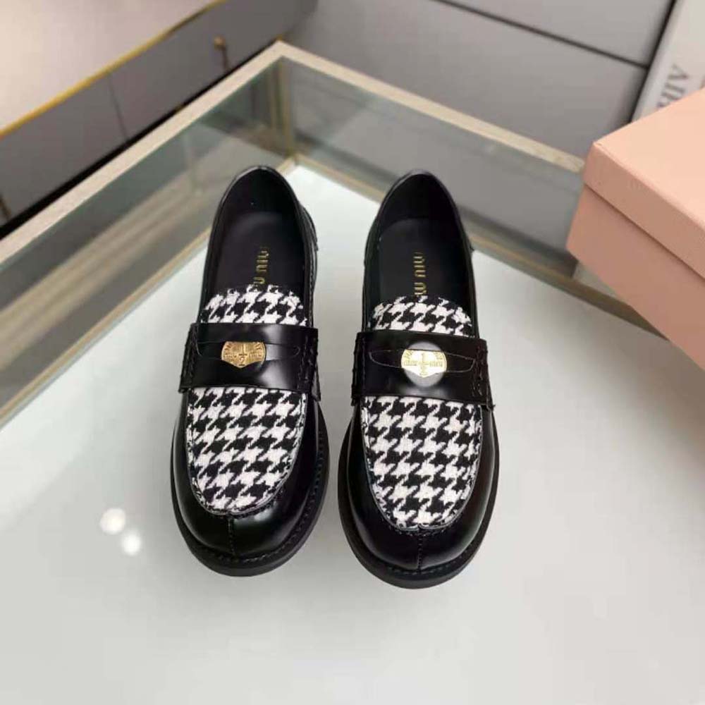 Close-up detail of gingham fabric on Miu Miu Women Brushed Leather Loafers