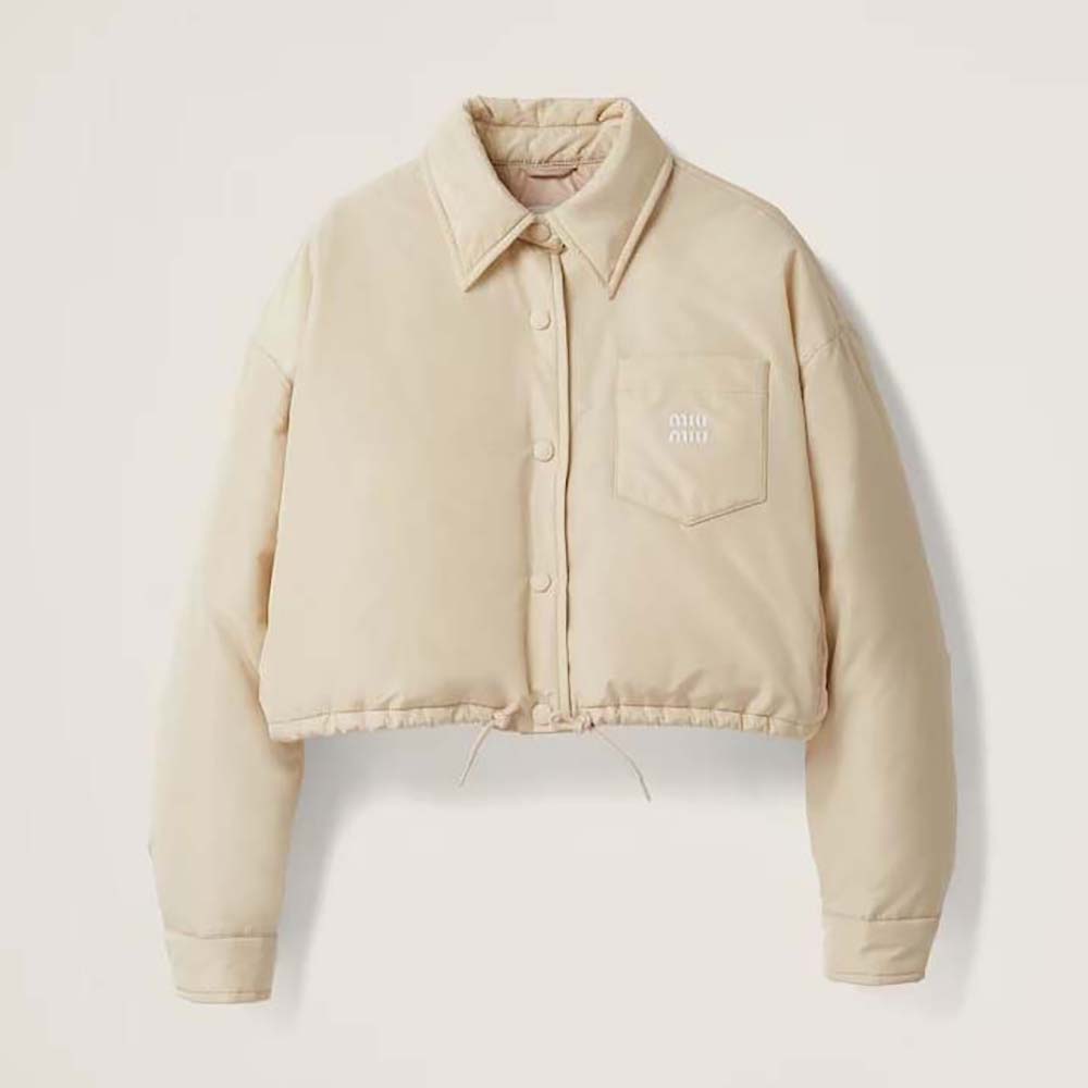 Front view of Miu Miu Women Cropped Technical Fabric Down Jacket in beige